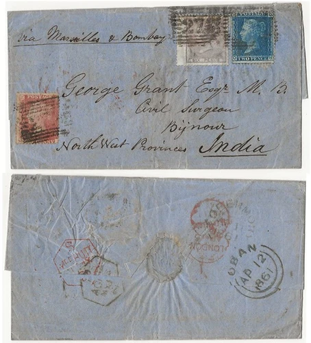 GB QV 1861 cover Tobermory to India North West Frontier 6d, 2d, 1d. Nice useage