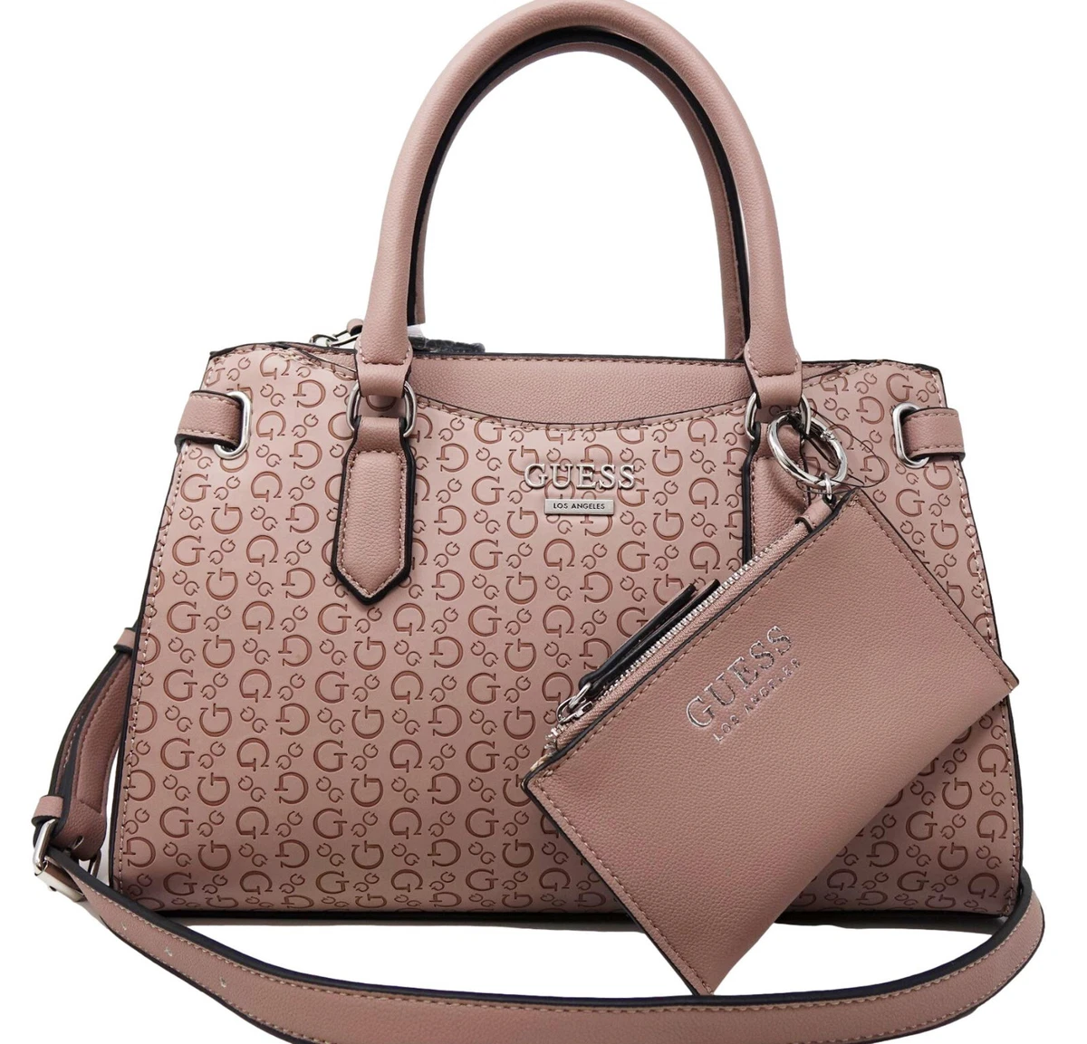 NEW GUESS Women's Mauve Pink Logo Debossed Crossbody Satchel Handbag + Pouch