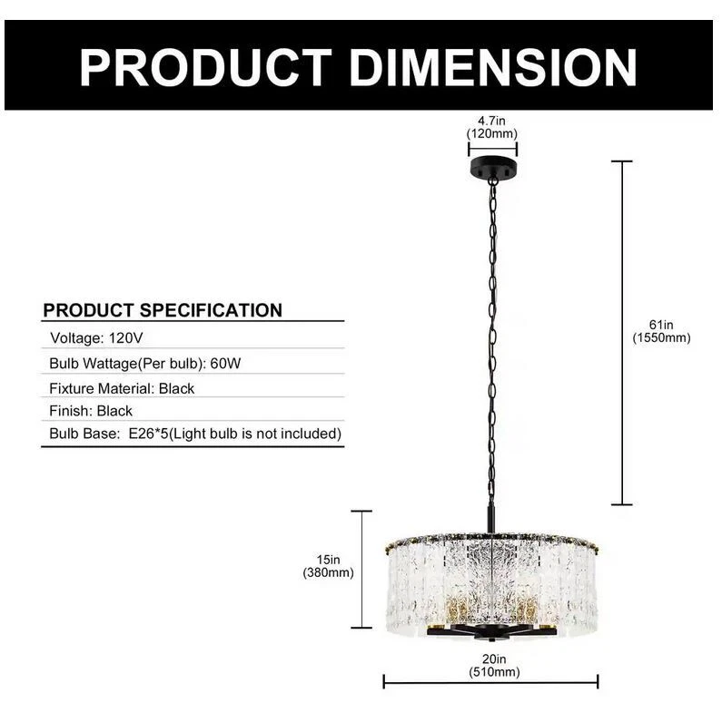 YANSUN 5-Light Black & Gold Drum Pendant Chandelier Adjustable Height - Image 2 of 3