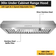 600CFM Kitchen Under Cabinet Range Hood 30 inch Stainless Steel Cook Vent w/LEDs