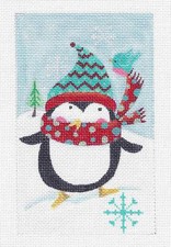 Snowy Penguin  Blue Bird Friend handpainted Needlepoint Canvas Ornament by DK