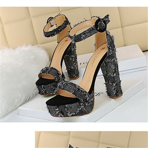 Sandalias de mujer con correa para el tobillo peep toe bloque tacones súper altos Demin zapatos de club nocturno - Imagen 6 de 13