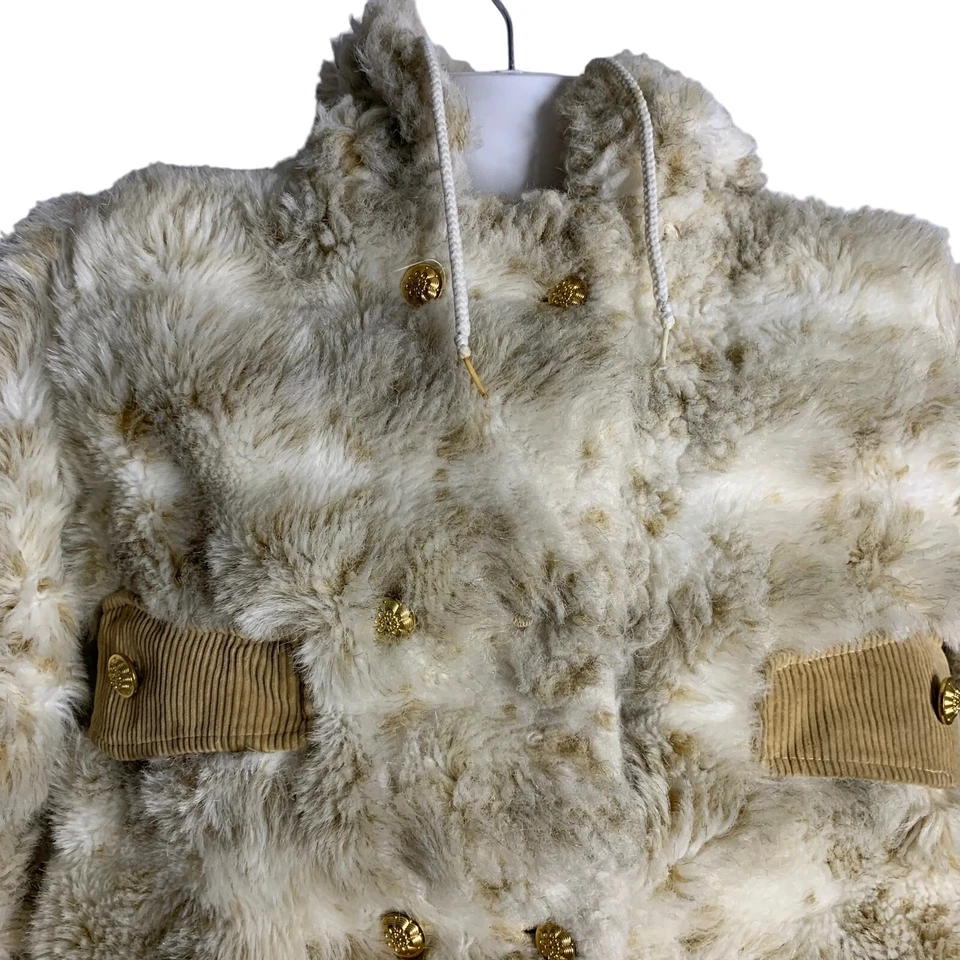 Abrigo de piel sintética vintage años 60 niñas talla 8 marrón crema bolsillos pana con capucha Foto 2 de 4