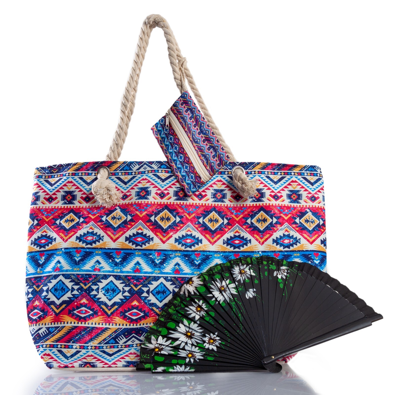 Bolsa de Viaje y Playa XXL Multicolor - Motivos Étnicos + Abanico