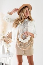 Bride Pom Pom Straw Purse Honeymoon Bridal Shower Gift Handmade Summer Beach Bag