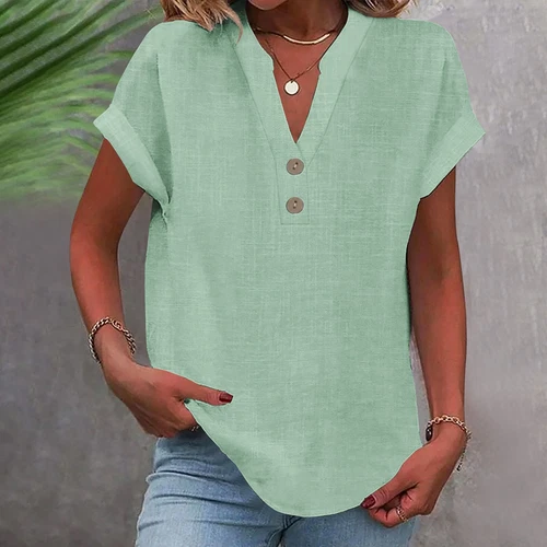 Blusa Top Ligera de Verano para Mujer Cuello en V Manga Corta Algodón Lino - Imagen 20 de 35