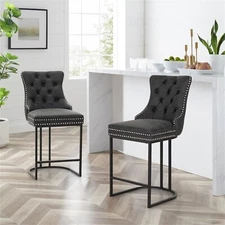 26" Bar Stools Set of 2 Leather Counter Height Barstools Kitchen Pub Chairs US