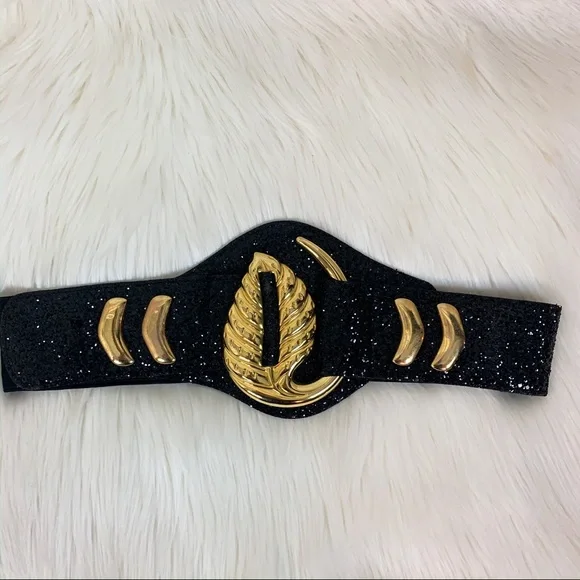 Elastic Waist Statement Belt with Gold Leaf Accent COSYDAYS Leaf Waist Belt Gold Chain Belts Fashion Elastic  main image 4