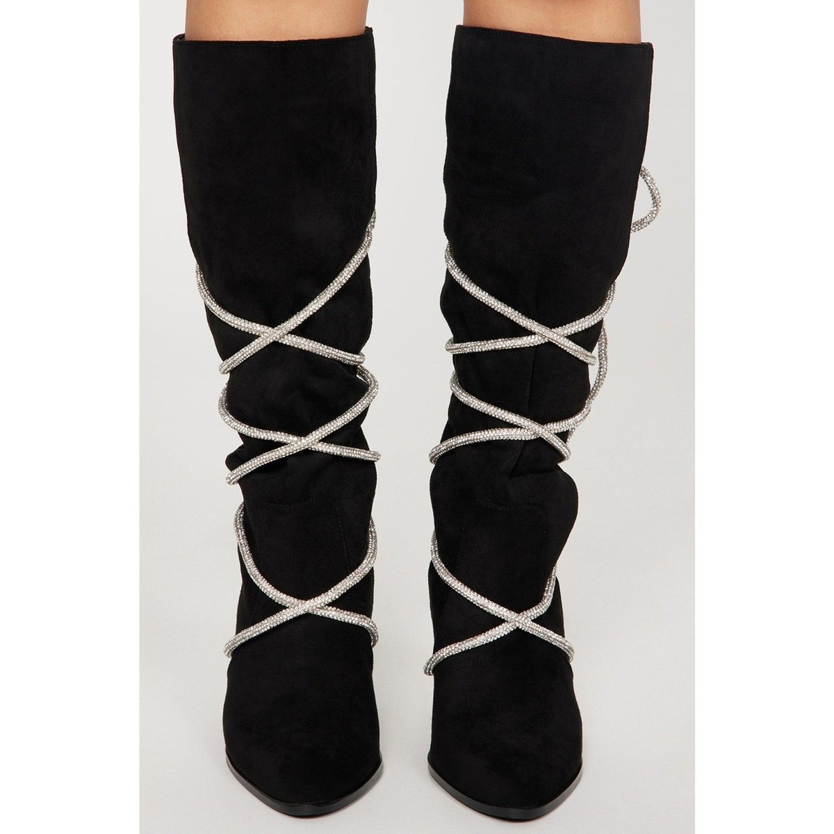Hold Tight Suede Bling Tie Rope Knee High Heeled Boots Black