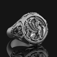 Griffin Signet Ring for Men - Mythical Beast Gothic Silver Jewelry