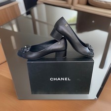 Chanel Pumps Black Lumbskin Leather Camellia CC Low Heel Shoes Flats SZ/38.5