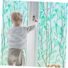 Decorative Privacy Window Film Green Blue Leaves Stained Glass Door Clings 