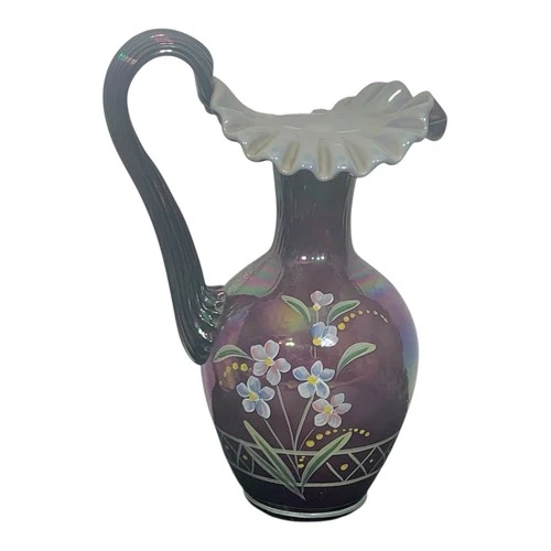1997 Fenton Plum Overlay Iridescent Pitcher Museum Collection Handpainted Signed