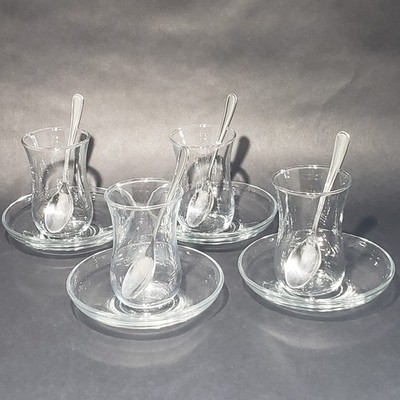 Set of 4 Pasabahce Turkish Tea Cups Glasses Saucers Turkey HiSar 4.25'' Spoons