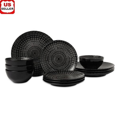 12-Piece Durable Stoneware Dinnerware Set Daily Use Service 4 Black Kitchen New