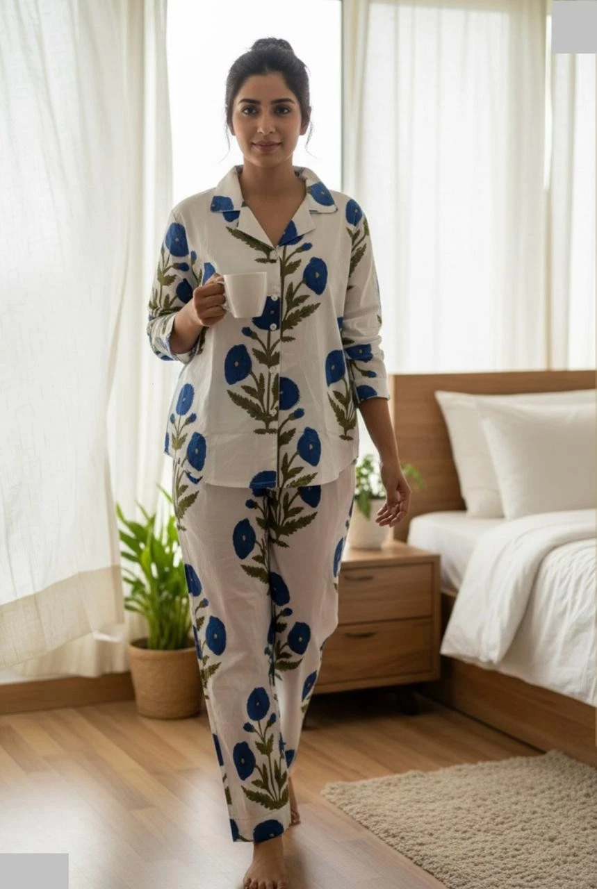 Women’s Relaxed Fit Cotton Pajamas Hand Block Floral Indian Sleep Set
