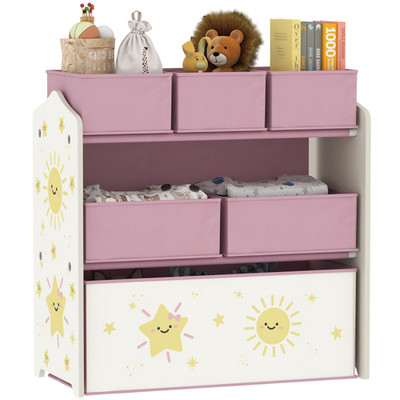 Kinder Aufbewahrungsregal Rosa 63x30x66cm MDF Stahl Vlies 3 Ebenen 6 Boxen Cartoon Spaß