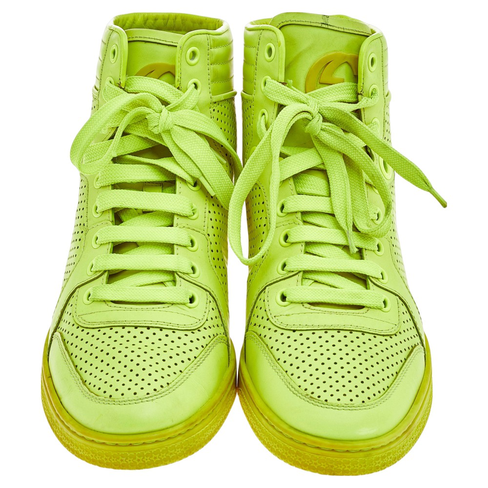 Gucci Neon Green Perforated Leather Lace Up High Top