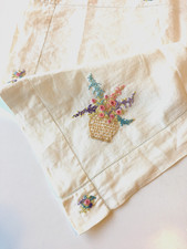 Vintage Linen Hand Embroidered Table Cloth Floral Basket Pulled Edges 35" x 35"