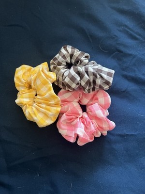Homemade Scrunchie Hair Tie Set Pink Yellow Brown Plaid - Neapolitan