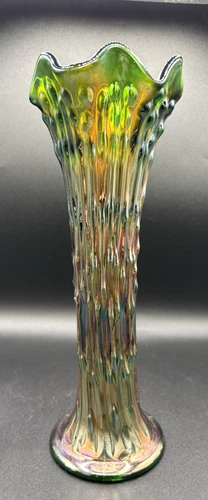 Fenton Green Carnival Glass Vase April Showers Vase 11”