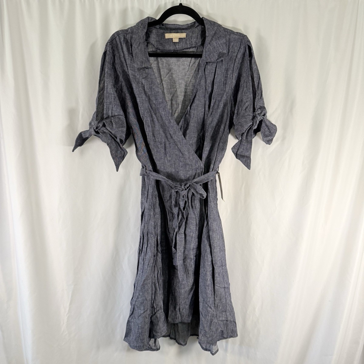 New Hope & Harlow Linen Blend Dress Women's 14 Blue Denim Wrap