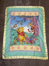 Vintage Handmade Winnie the Pooh Quilted Baby Crib Blanket Satin Trim