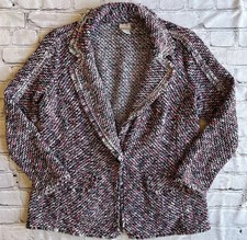 Chico's Blazer 1P MP Tweed Jacket Woven Fringe Collar Cardigan Knit Pink Office