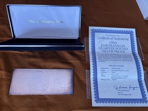 The Washington Mint 1999 $100 Franklin 4 oz .999 Silver Proof Bar