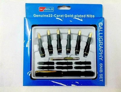 Calligraphy Fountain Pen Set 6 Nibs and 1 Pen 22 Carat Gold Plated Best Quality