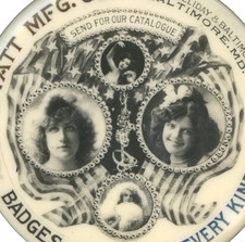 Antique PATRIOTIC BEAUTIES AM FLAGS Celluloid Pocket Mirror HYATT Mfg. Baltimore