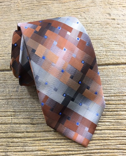 Adolfo Mens Neck Tie Orange Tan Squares 3” Wide Dressy Suit Accessory - 第 1/8 張圖片