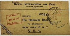 1960 PERU COVER TO HANOVER BANK NEW YORK WITH HEAVY RED SEAL ON BACK