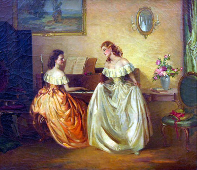 Hand painted Oil painting two noble women in their music lesson - playing piano