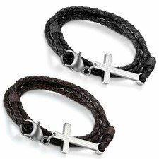 2 pcs Braided Leather Bracelet Bangle Cross Charm Bible Lords Prayer Wristband