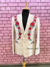 Man's Ivory Customized 2Pc Rose Vine Floral Embroidered Country Western Suit
