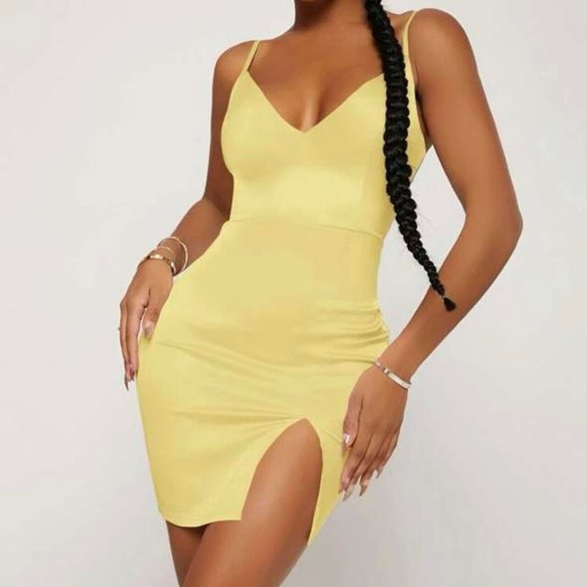 shein yellow satin dress with slit, never worn before