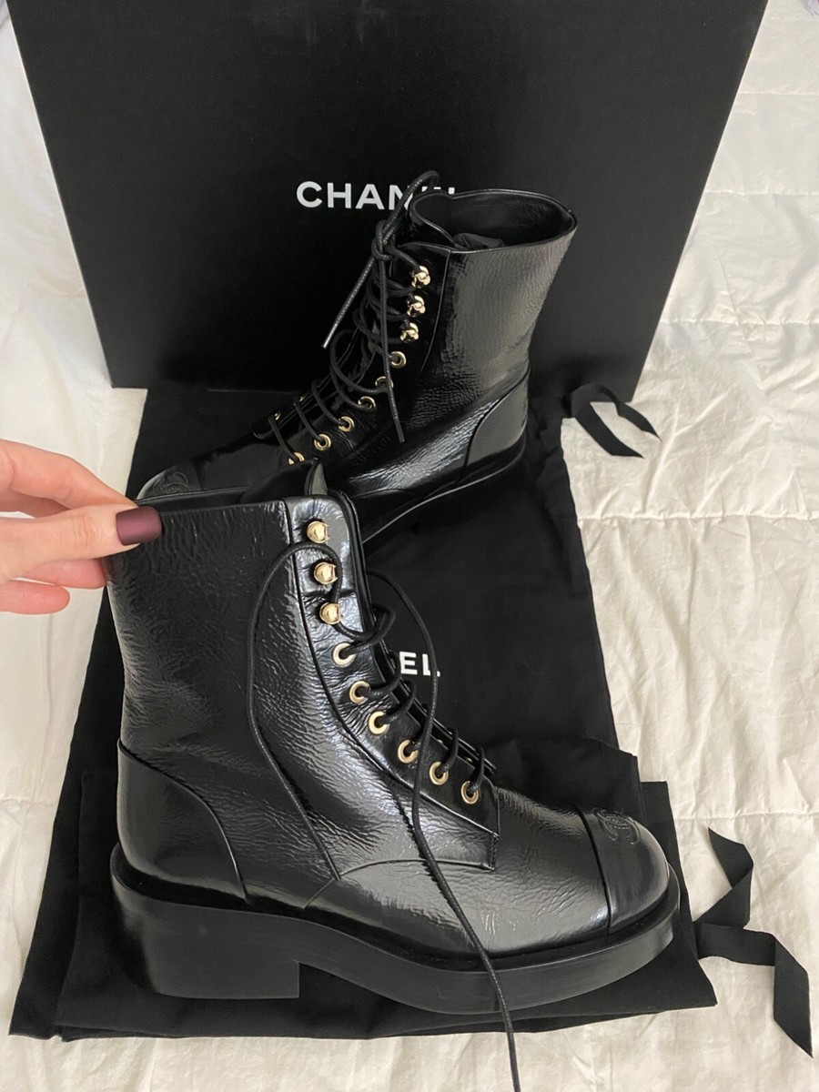 Chanel Combat Lace Up Boots Shiny Goatskin Black & Dark Gray Chanel Combat Lace Up Boots Shiny Goatskin Black & Dark Gray