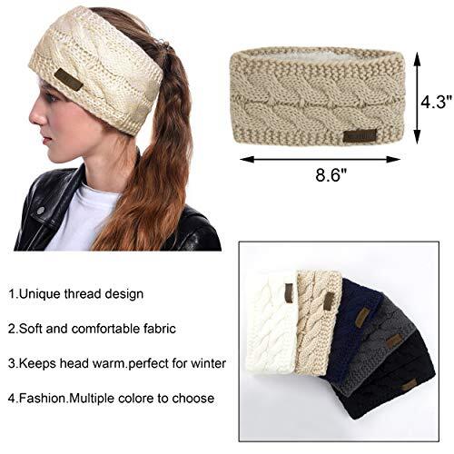 Women Winter Warm Headband Fuzzy Fleece Lined Stretch Thick Cable Knit Beige - Picture 2 of 6