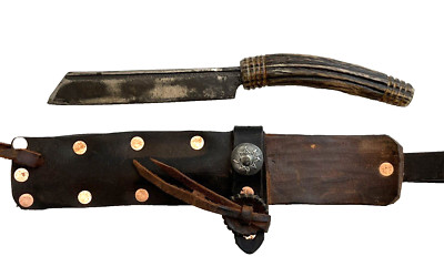 Mountain Man Tanto Style Blade Knife Elk Handle Custom Heavy Duty Leather Sheath