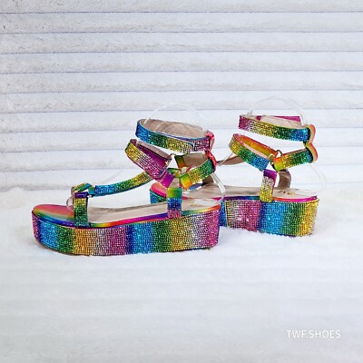 Pazzle 2'' Platform Harness Strap Sparkling Rainbow Rhinestone Sandals Comfy