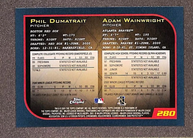 Adam Wainwright / Phil Dumatrait 2001 Topps Chrome Draft Picks RC Rookie #280 - Image 2 of 3