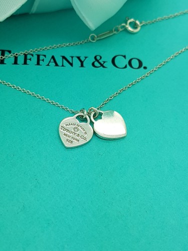 Tiffany & Co. Silver Diamond Double Heart pendant 18" adjustable Necklace - Picture 2 of 11