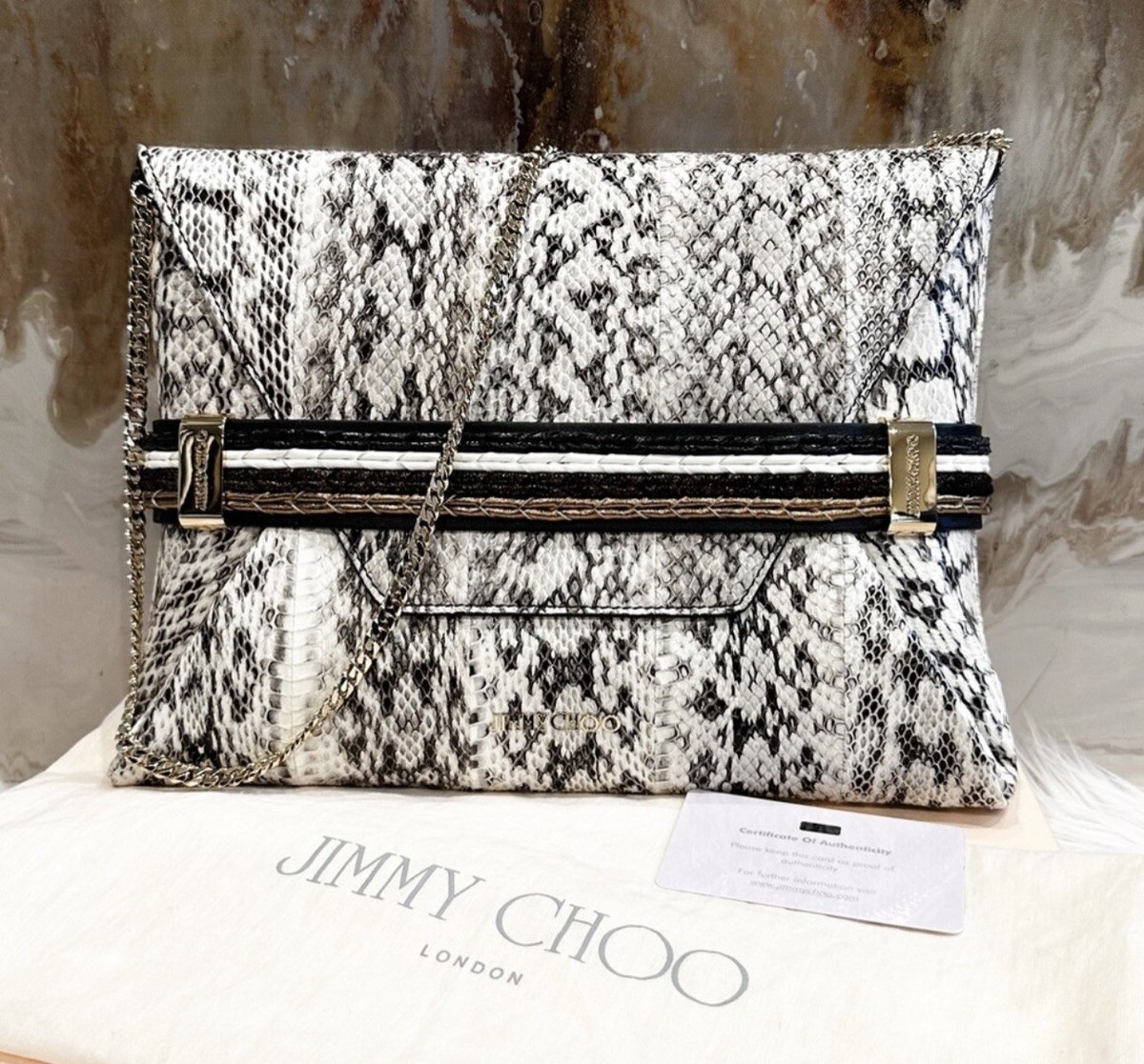 RARE Jimmy Choo Cream Elaphe Snakeskin DORA Chain Clutch Bag 