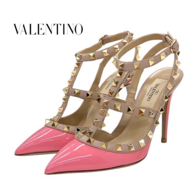 VALENTINO Pumps Shoes Patent Leather Pink Beige Gold Sandals