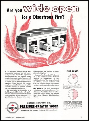 1954 Koppers Pressure Treated Wood For Train Station Fire Prevention Print Ad