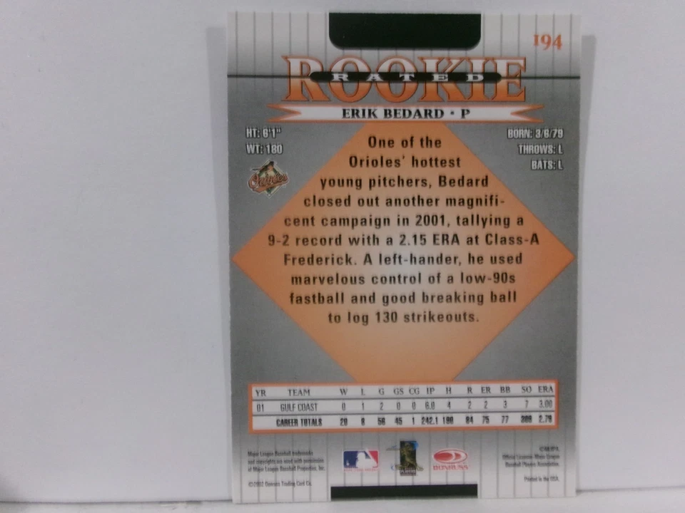 2002 Donruss Rated Rookie Erik Bedard #194 - Image 2 of 2