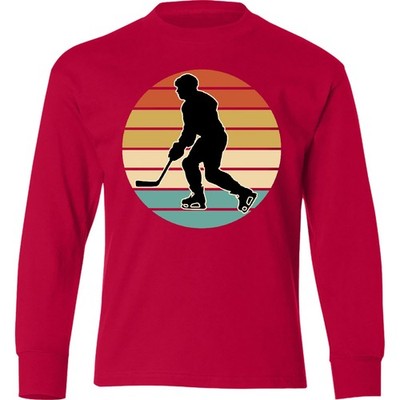 Inktastic Hockey Player Retro Sunset Youth Long Sleeve T-Shirt Team Coach Tee