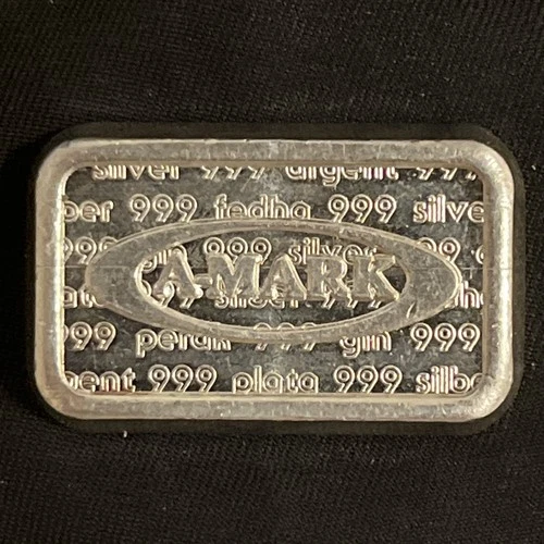 Vintage  1980 A-Mark Oval Logo USVI 1oz 999 Fine Silver Stacker Ingot Bar
