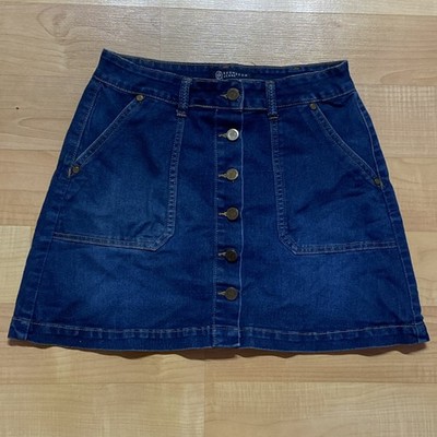 Boomboom Jeans Denim Skirt Button Down Mid Calf Dark Blue + Brass Accent 28x15.5